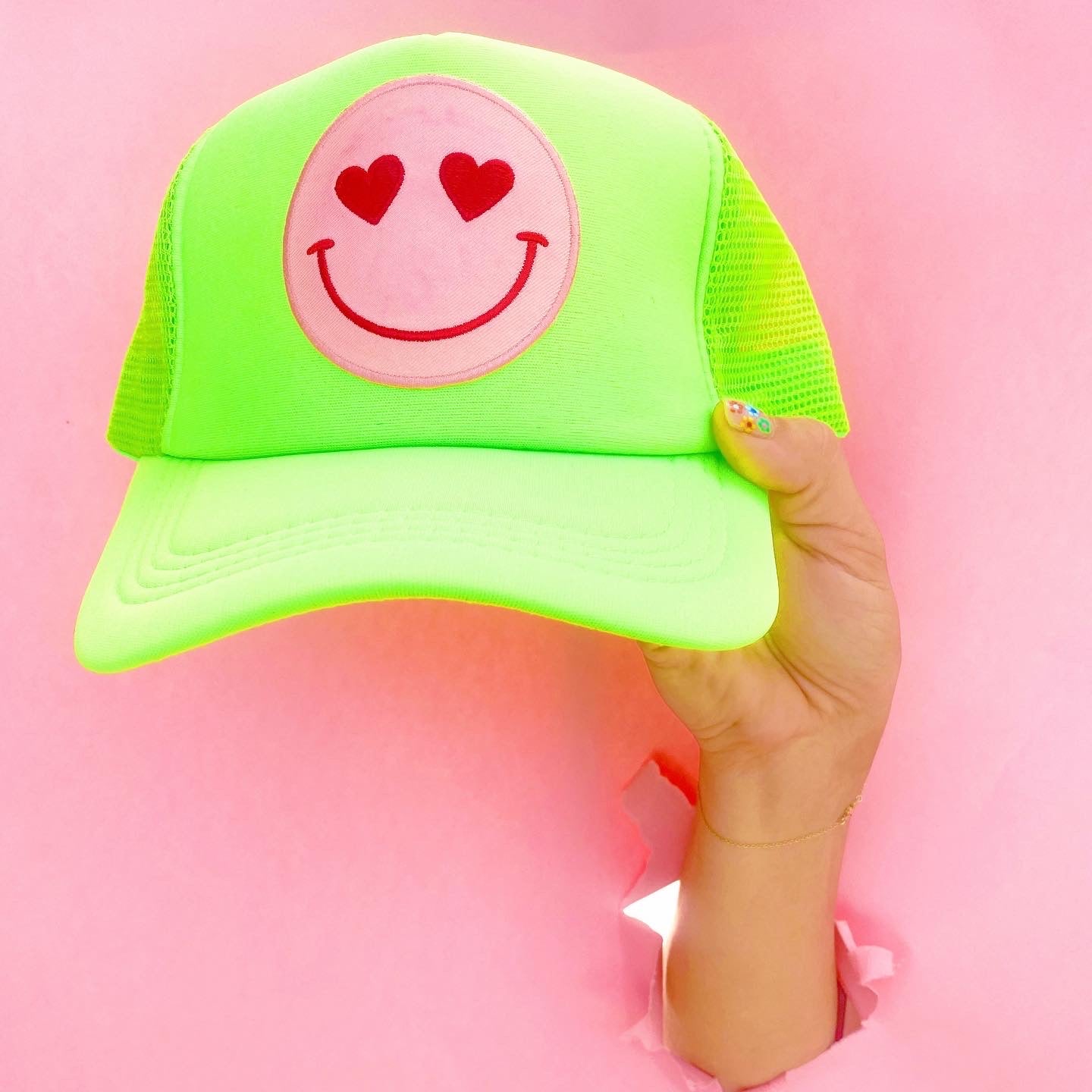 Happy Heart Trucker Hat by Confettees - Neon Green