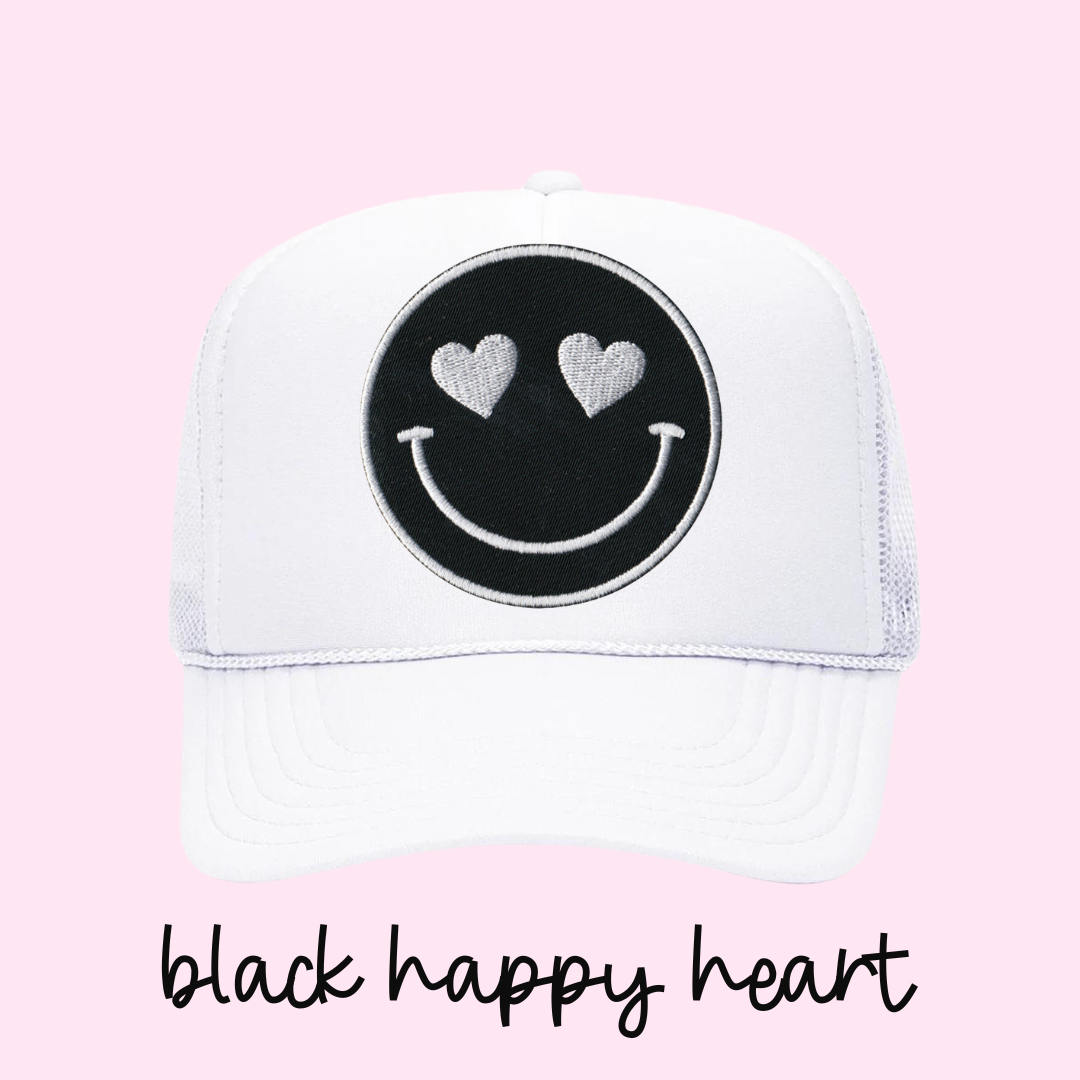 Black Heart Eyes Happy Heart Trucker Hat