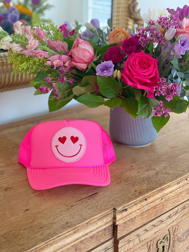 Happy Heart Trucker Hat by Confettees - Neon Pink