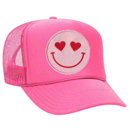 Happy Heart Trucker Hat by Confettees - Neon Pink