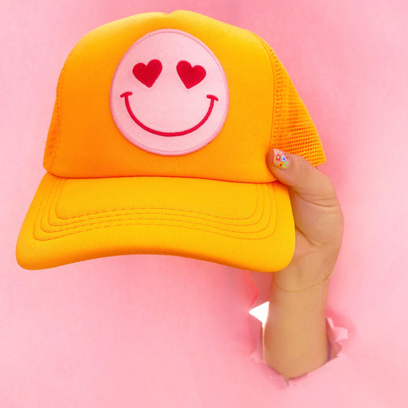 Happy Heart Trucker Hat by Confettees - Neon Orange
