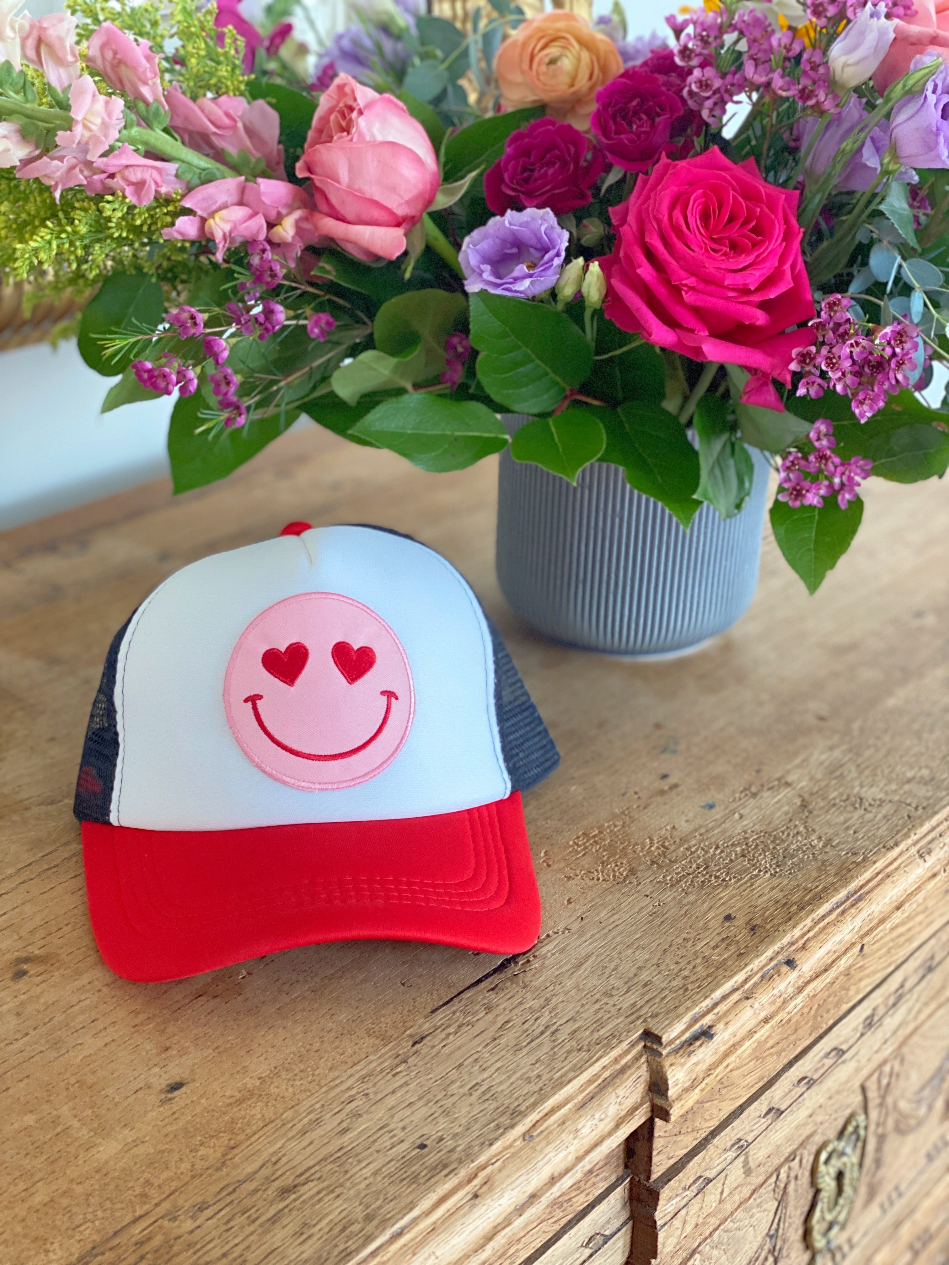 Happy Heart Trucker Hat by Confettees - Red White & Black
