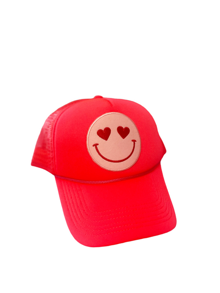 Happy Heart Trucker Hat by Confettees - Neon Coral